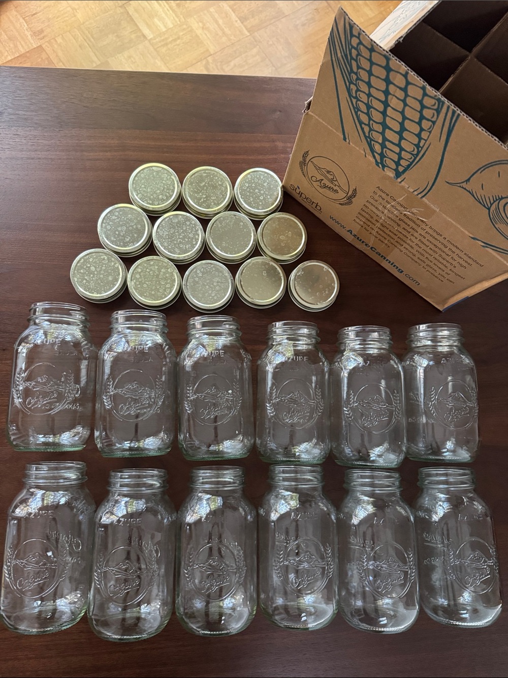 BOX 12 32 OZ GLASS JARS + CAPS MOUNT HOOD OREGON ETCHED CANNING QUART 12 CASE